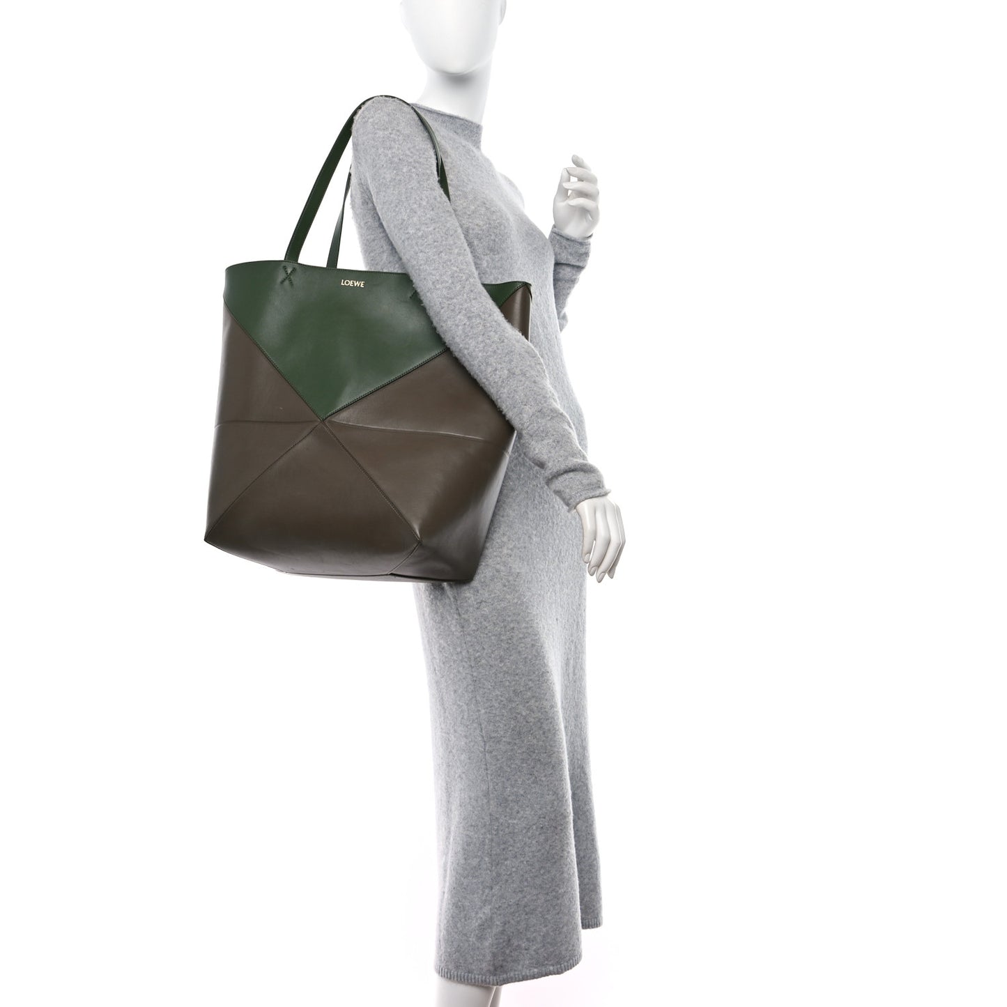 Shiny Calfskin Large Puzzle Fold Tote Umber Hunter Green