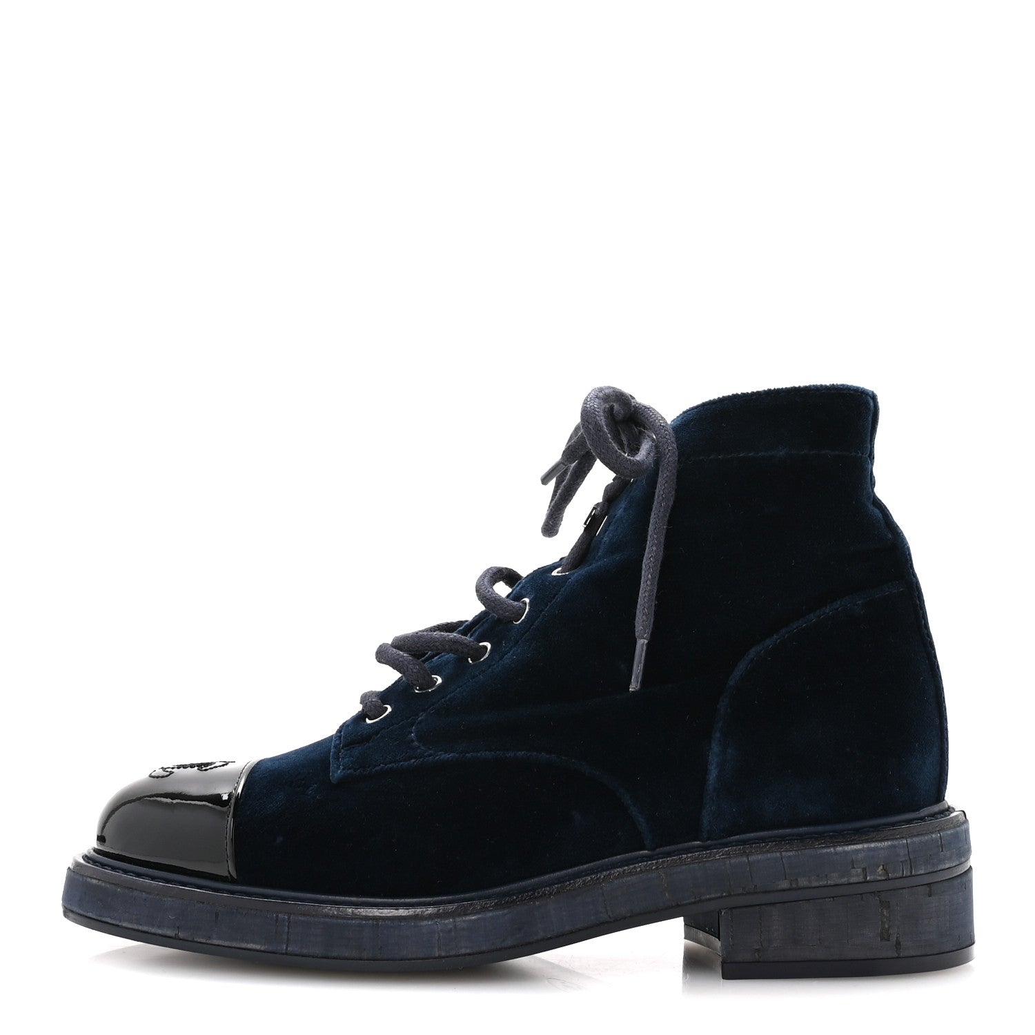 Chanel Velvet Patent Calfskin Lace Up Combat Boots 36.5 Blue Black