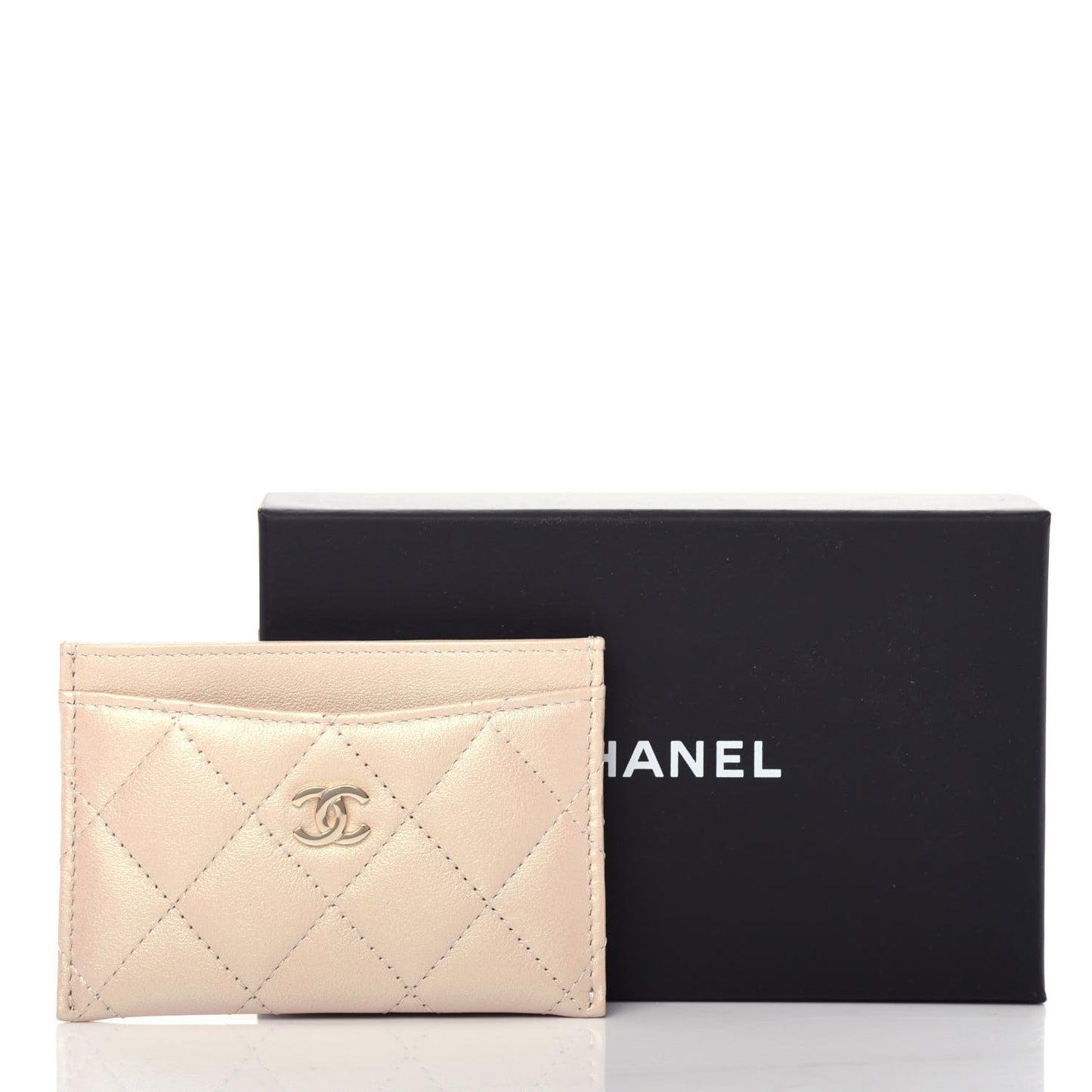 Iridescent Calfskin Quilted Card Holder Beige