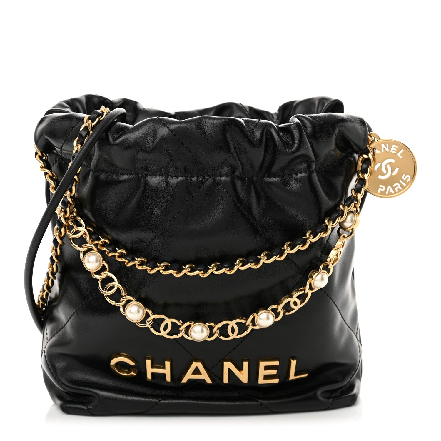 CHANEL シャネル Chanel Shiny Calfskin Quilted Pearl CC Chain Mini Chanel 22