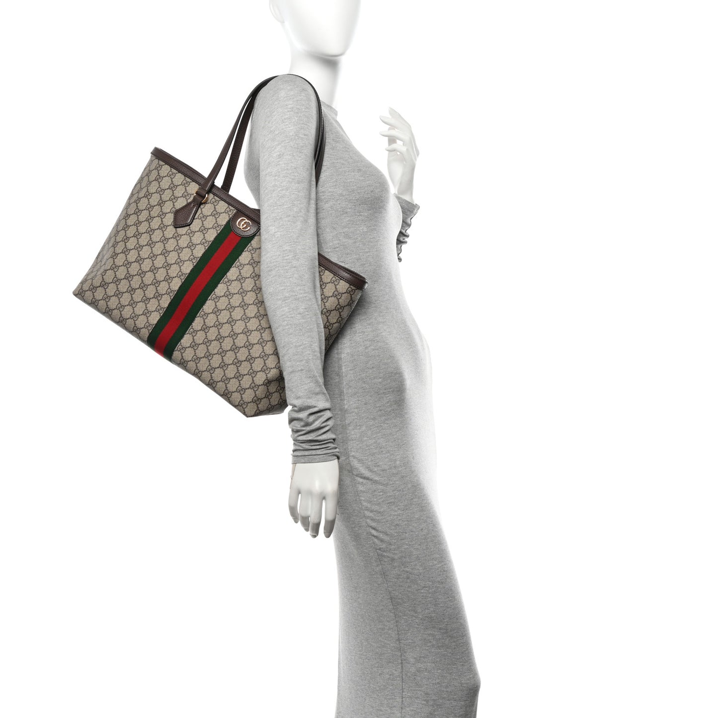 GG Supreme Monogram Textured Calfskin Web Medium Ophidia Shopping Tote Beige Ebony New Acero