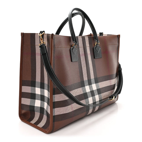 E-Canvas Check Calfskin Medium Freya Tote Dark Birch Brown