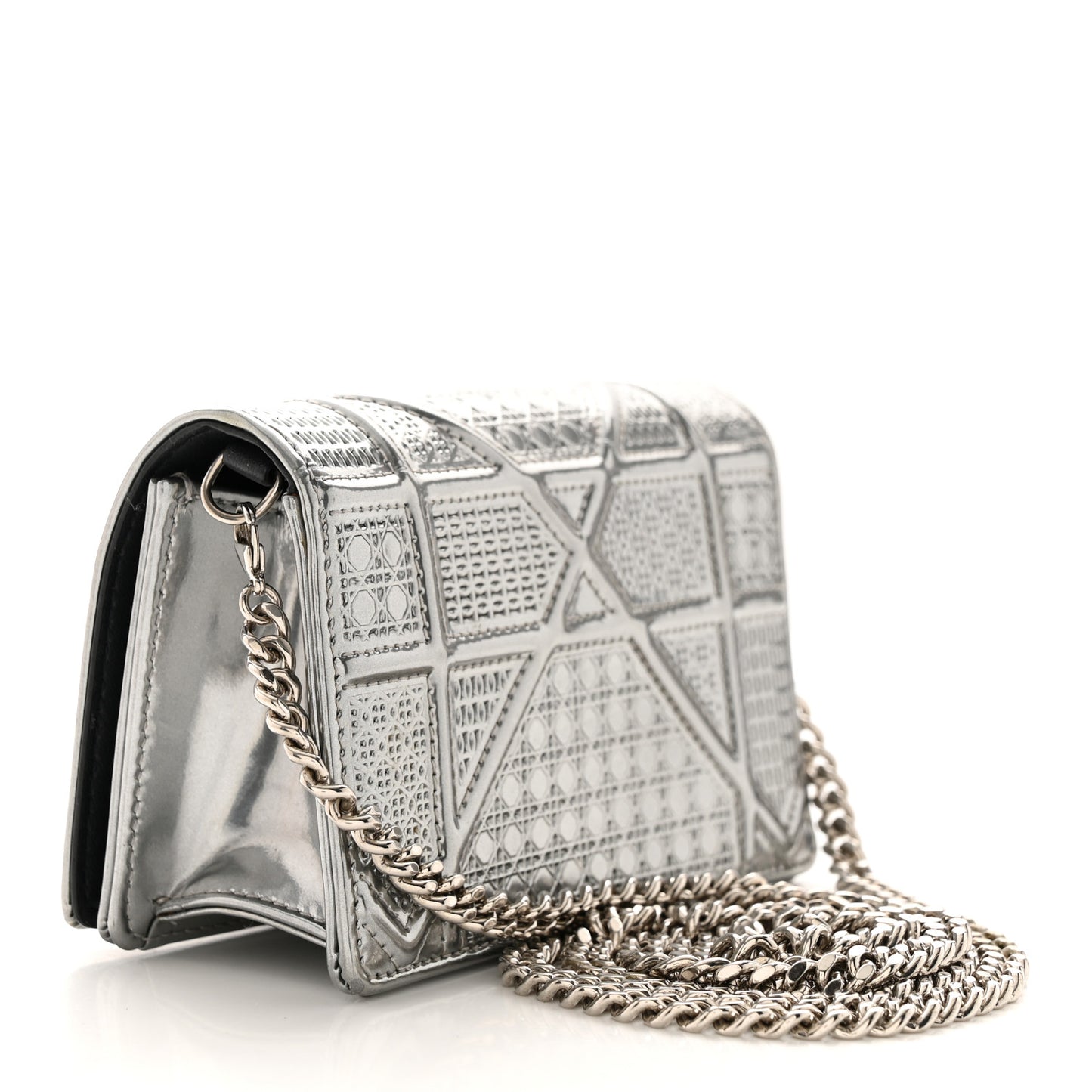 Metallic Patent Micro-Cannage Baby Diorama Flap Bag Silver