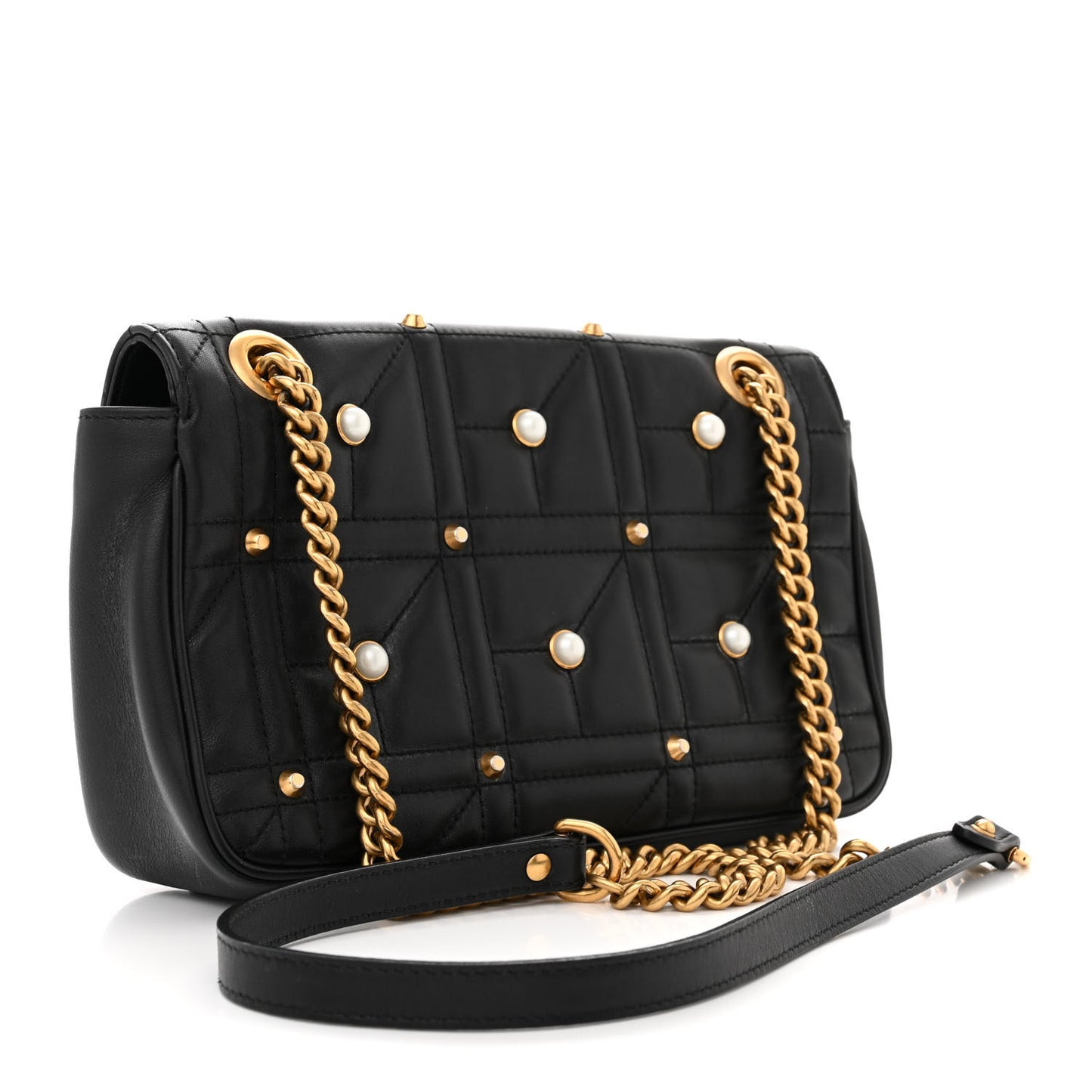 Calfskin Matelasse Studded Small Pearly GG Marmont Shoulder Bag Black