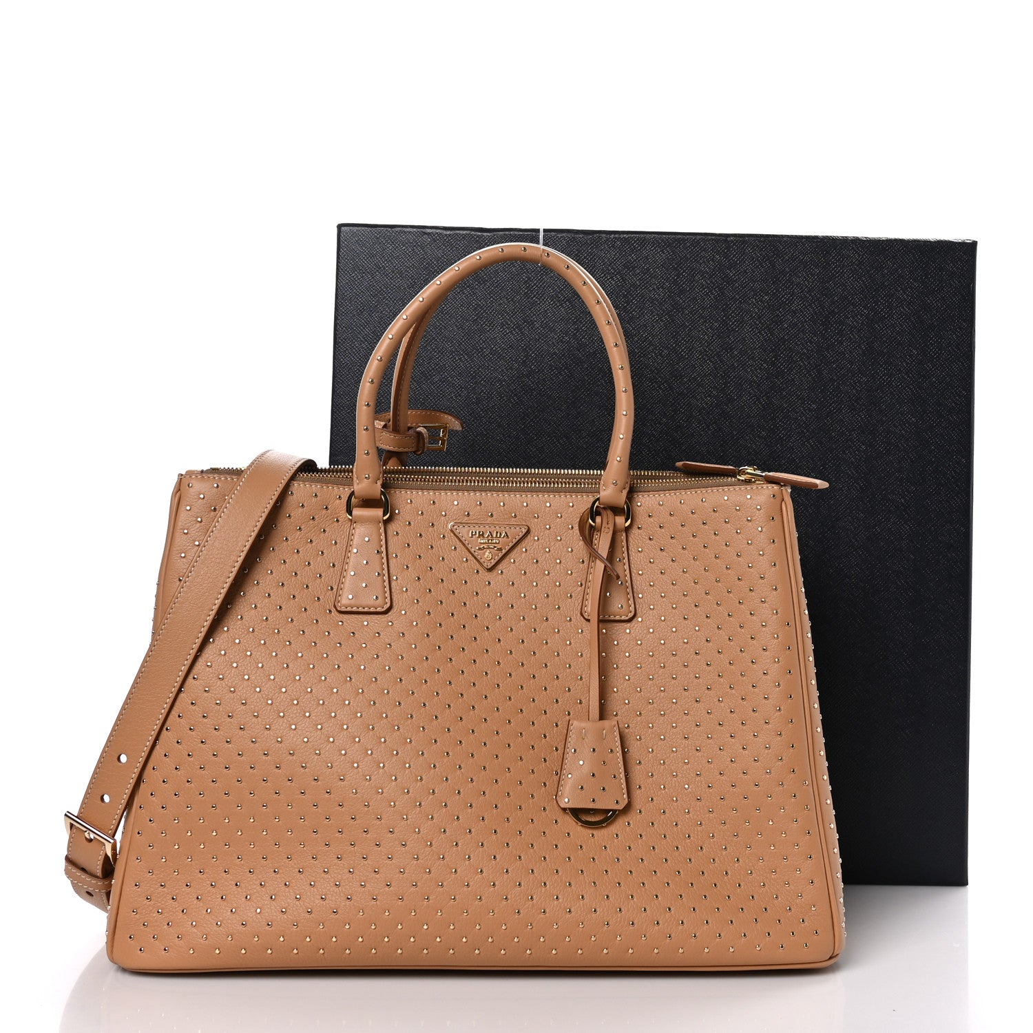 Prada Calfskin Studded Extra Large Galleria Double Zip Tote Natural 10 of 10