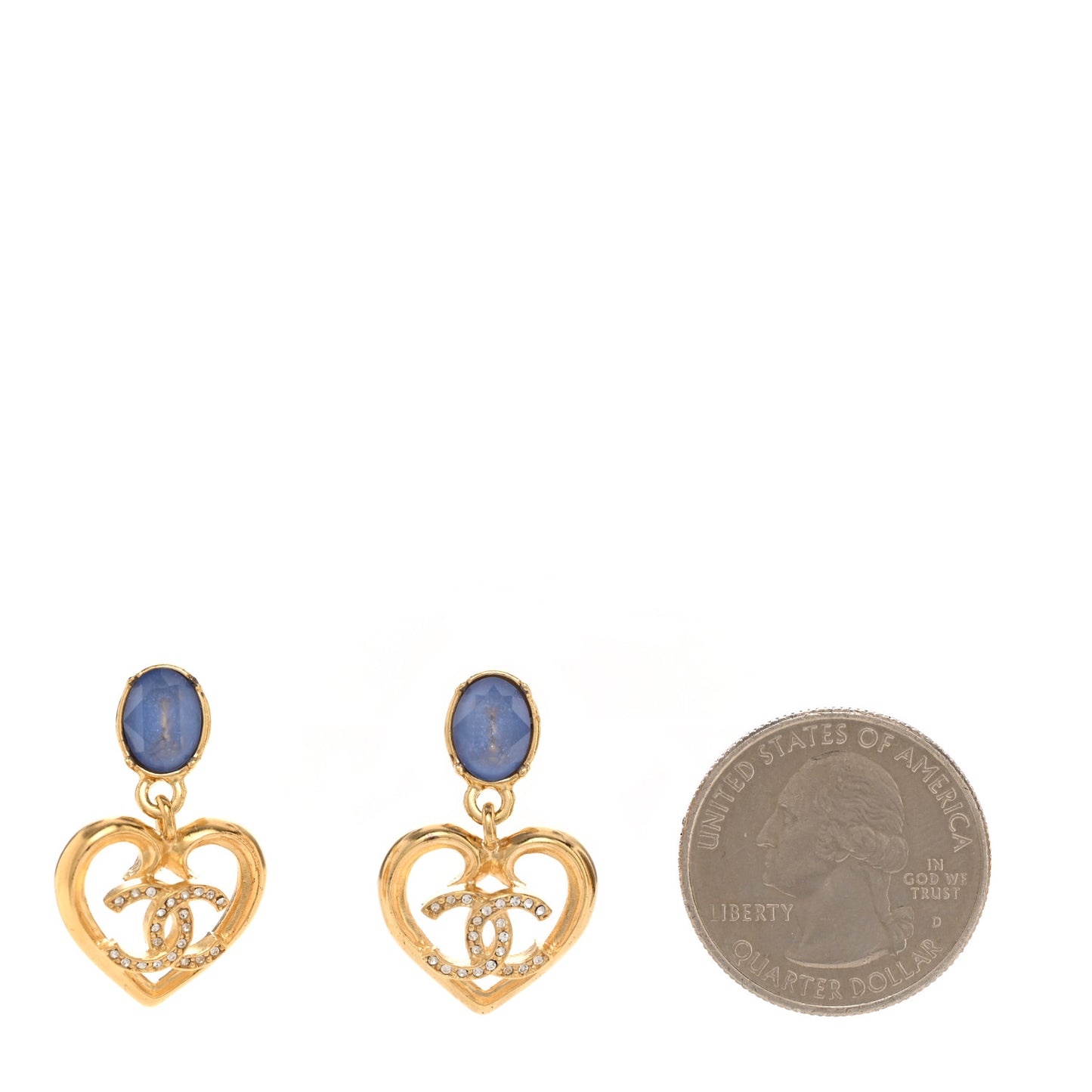 Metal Crystal CC Heart Drop Earrings Gold Blue