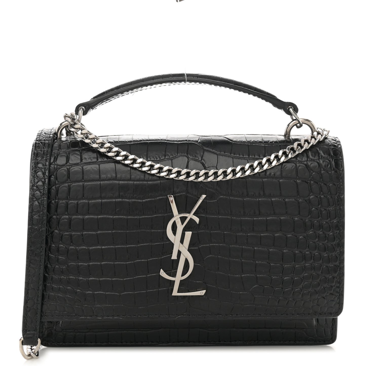Calfskin Crocodile Embossed Monogram Sunset Chain Wallet Black