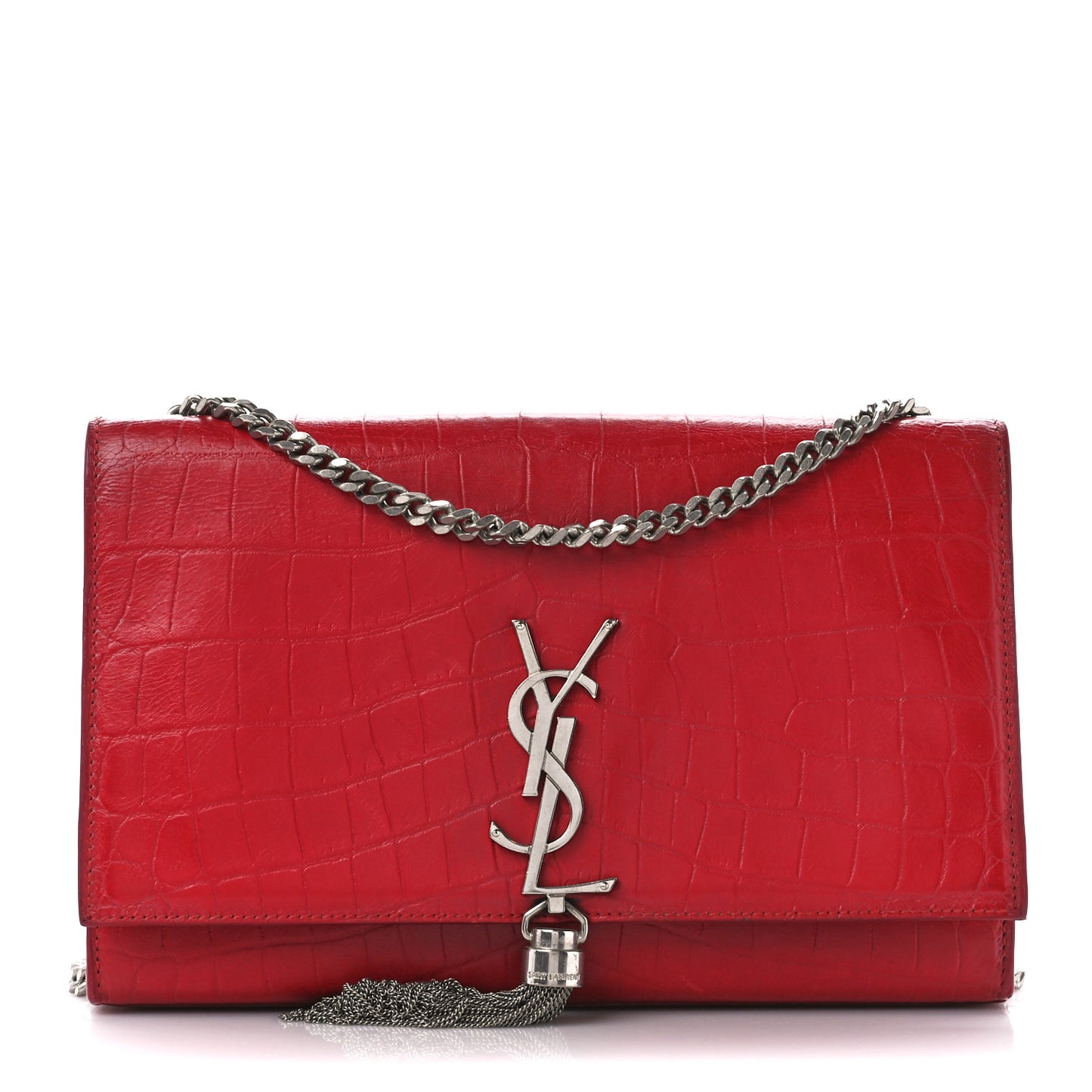 Calfskin Crocodile Embossed Medium Classic Monogram Kate Tassel Satchel New Red