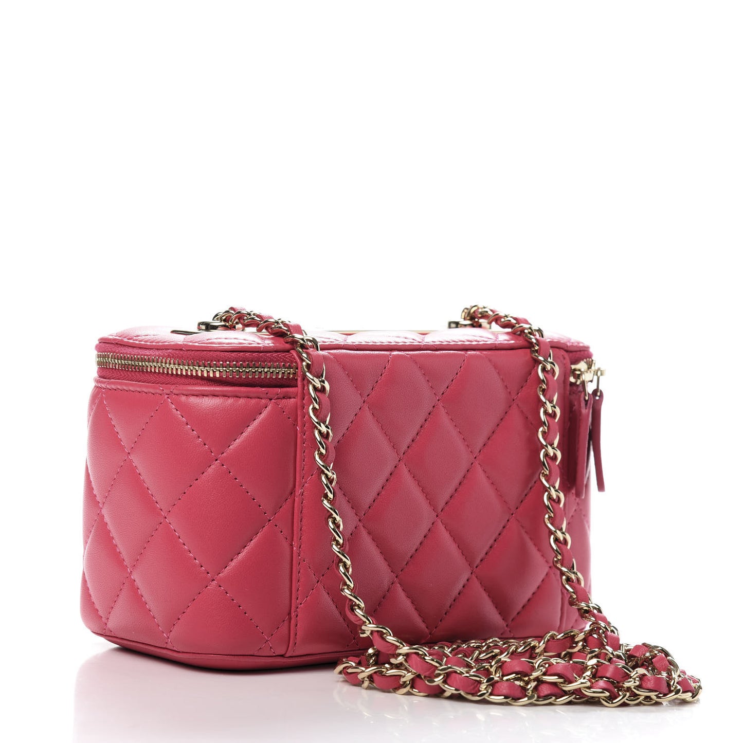 Lambskin Quilted Trendy Small Vanity Case With Chain Dark Pink