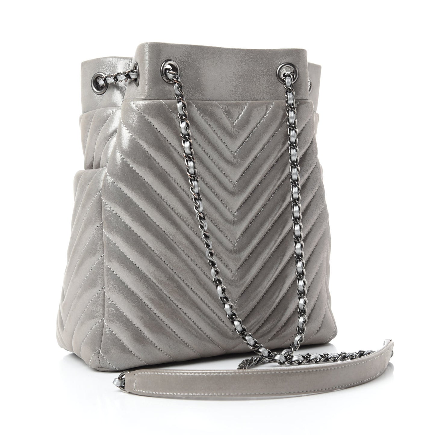 Iridescent Calfskin Chevron Small Urban Spirit Drawstring Bag Silver