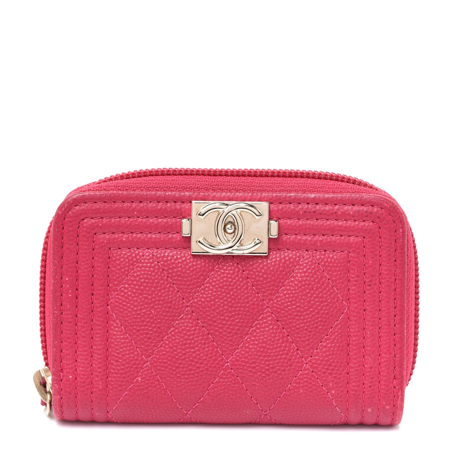 Caviar Quilted Boy Zip Around Coin Purse Wallet Fuchsia