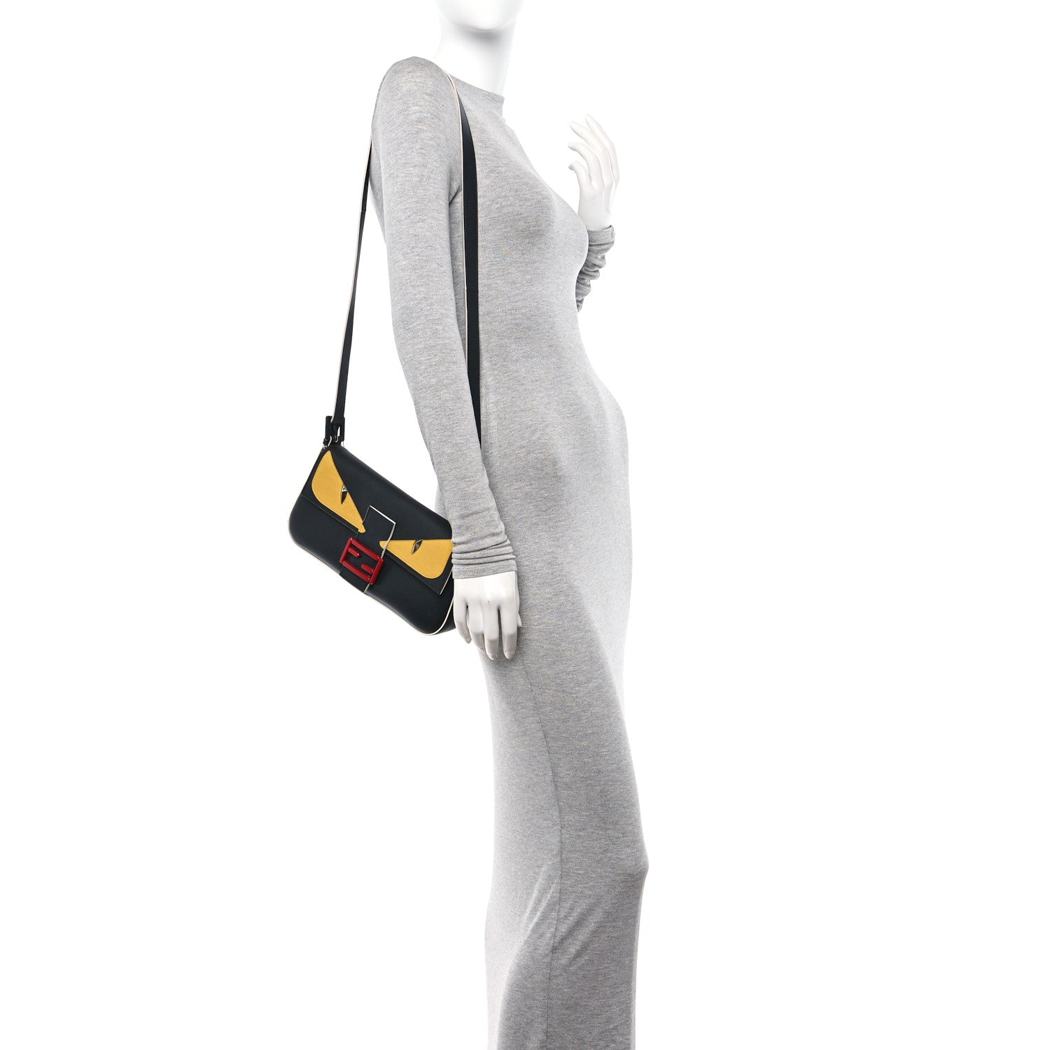 Fendi Vitello Dolce Elite Monster Eyes Bi-Color Baguette Black Yellow 2 of 12