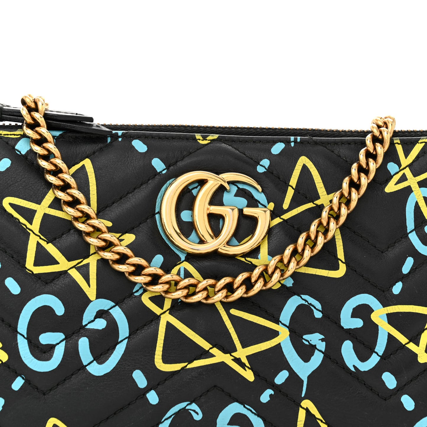 Calfskin Matelasse Printed Mini GucciGhost GG Marmont Chain Bag Black New Acquamarine
