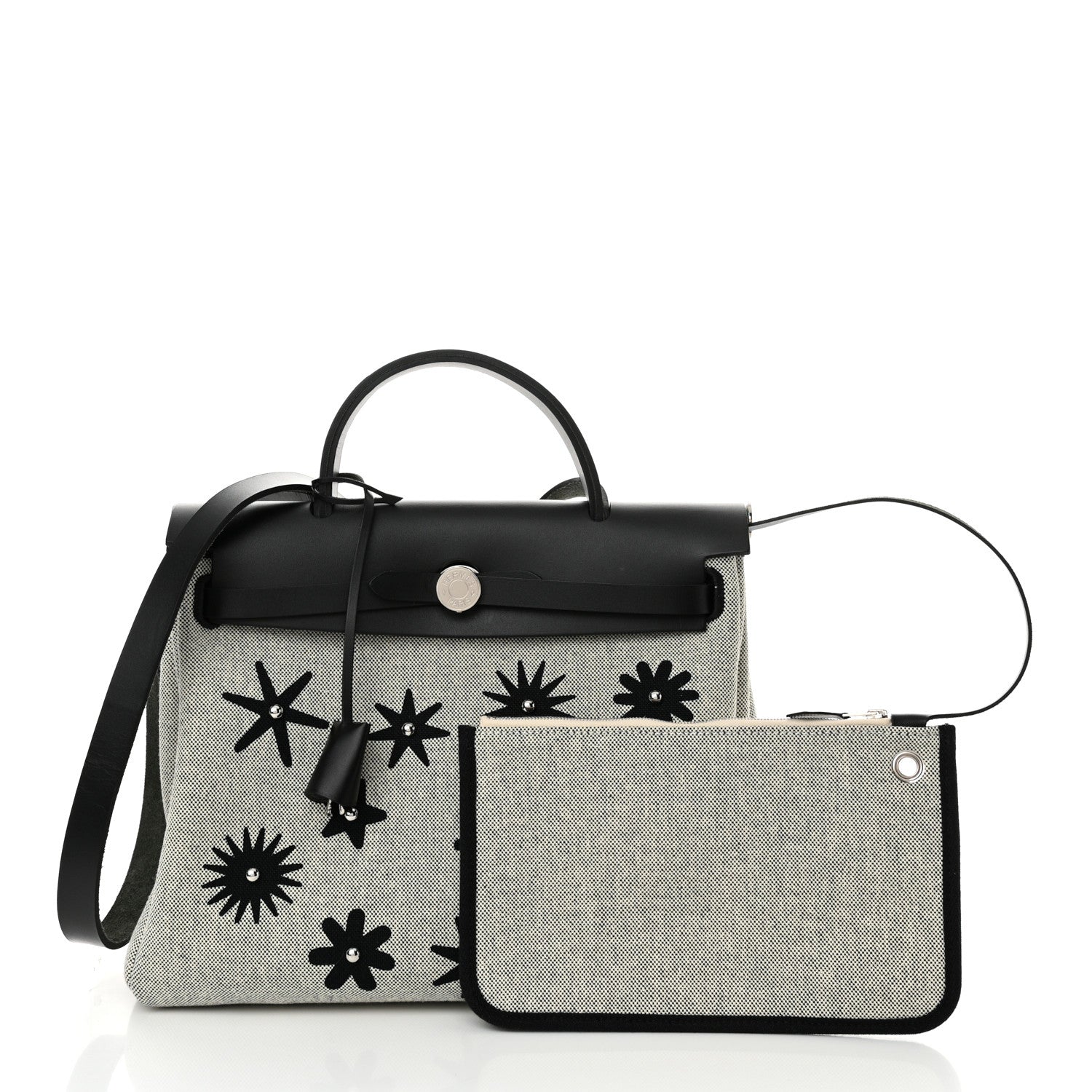 Hermes H Plume Canvas Vache Hunter Circuit Rider Hobnailed Herbag Zip Retourne 31 PM Black Ecru 3 of 12