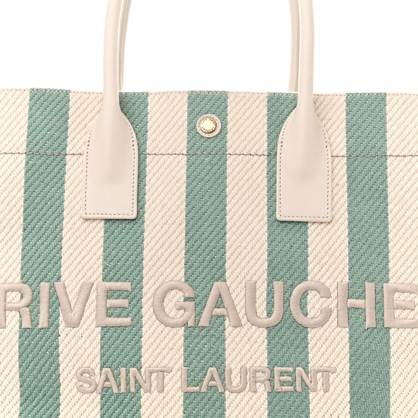 Cotton Linen Calfskin Striped Rive Gauche Tote Water Green