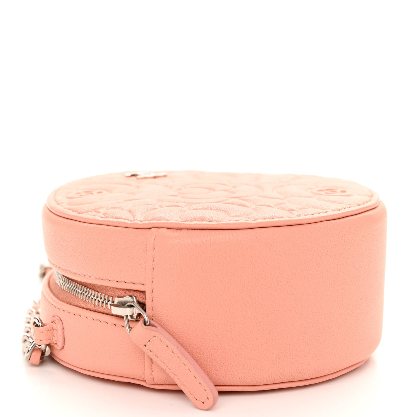 Lambskin Camellia Quilted Round Clutch With Chain Light Pink