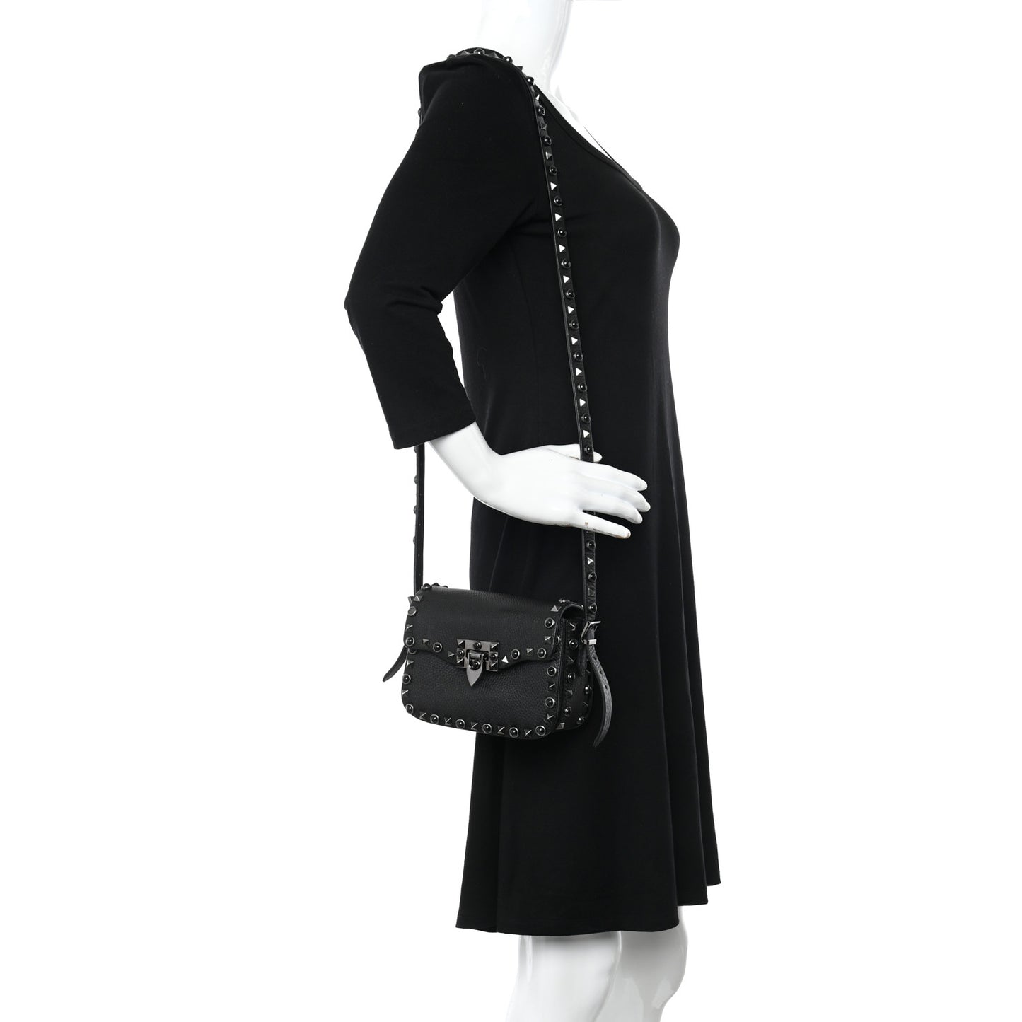 Pebbled Calfskin Rockstud Rolling Flip Lock Crossbody Bag Black