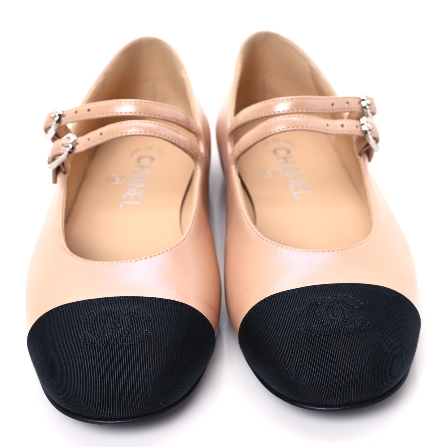 Lambskin Grosgrain Pearl Mary Jane Flats 39 Beige Black