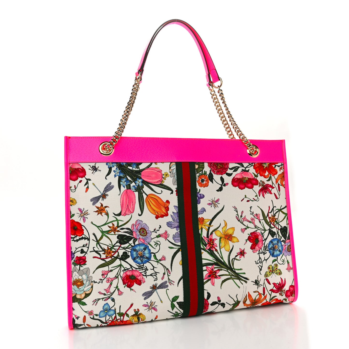 Canvas Flora Large Rajah Chain Tote White Multicolor Fuxia Fluo