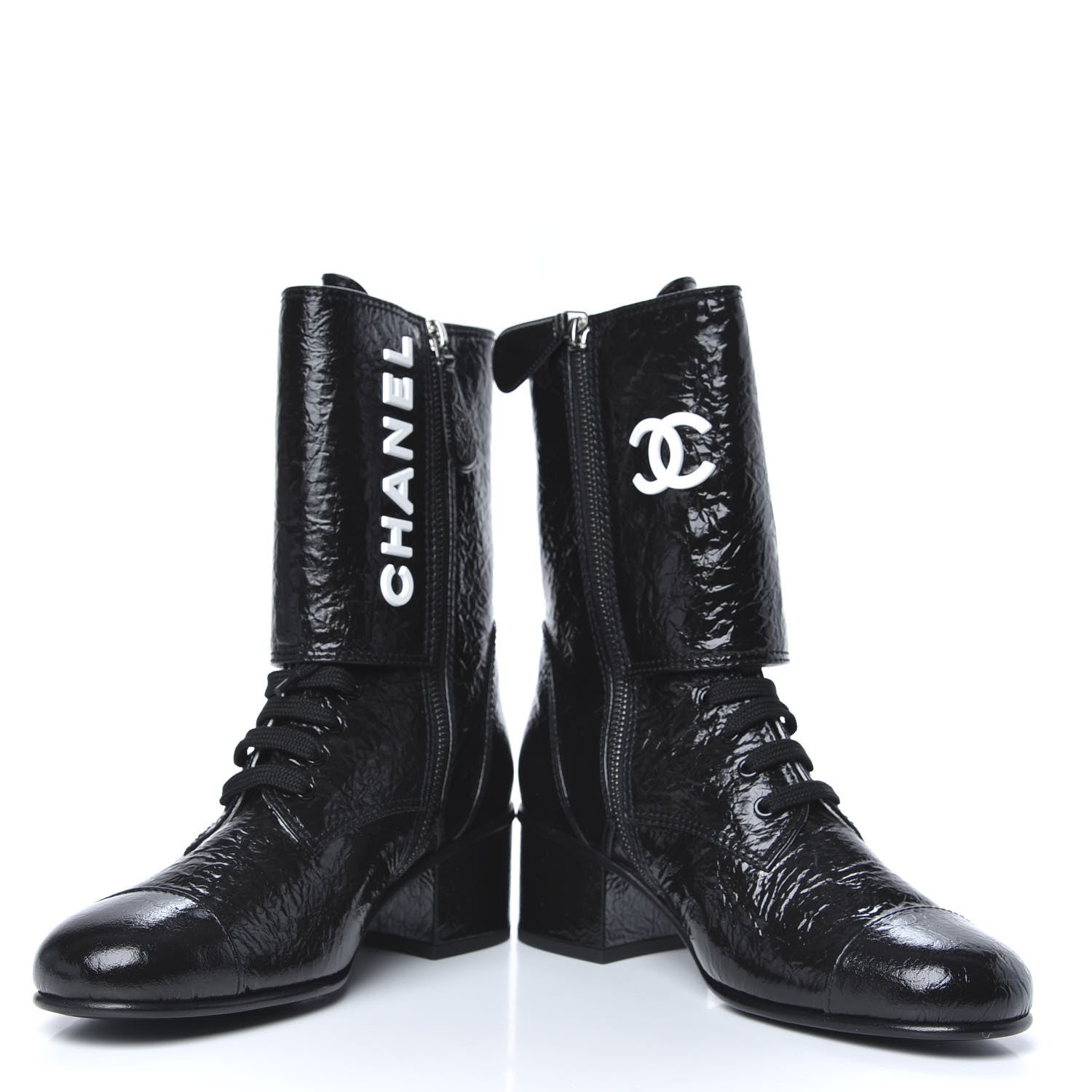 Chanel Patent Goatskin Cap Toe CC Lace Up Boots 38 Black 8 of 9