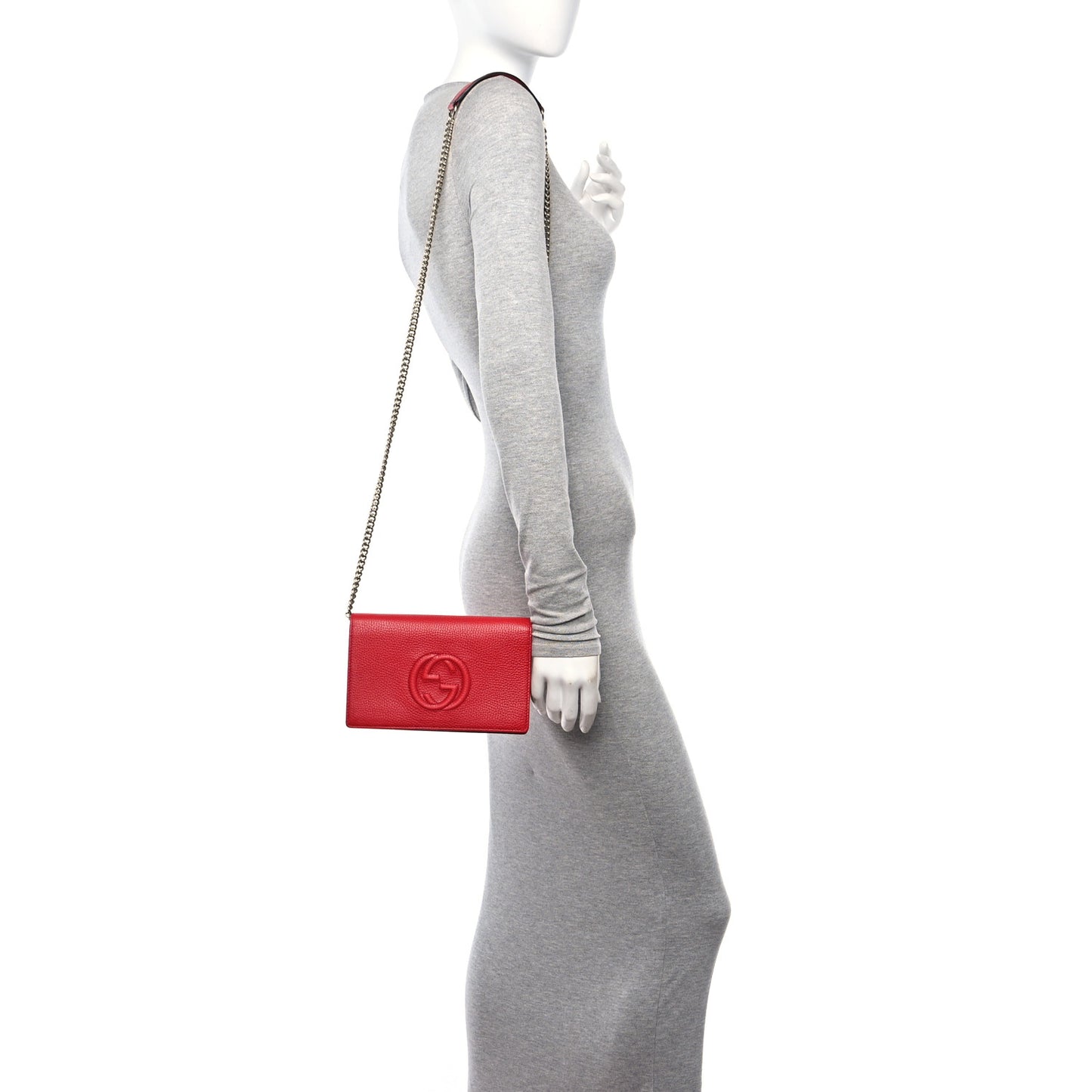 Pebbled Calfskin Soho Wallet on Chain Hibiscus Red