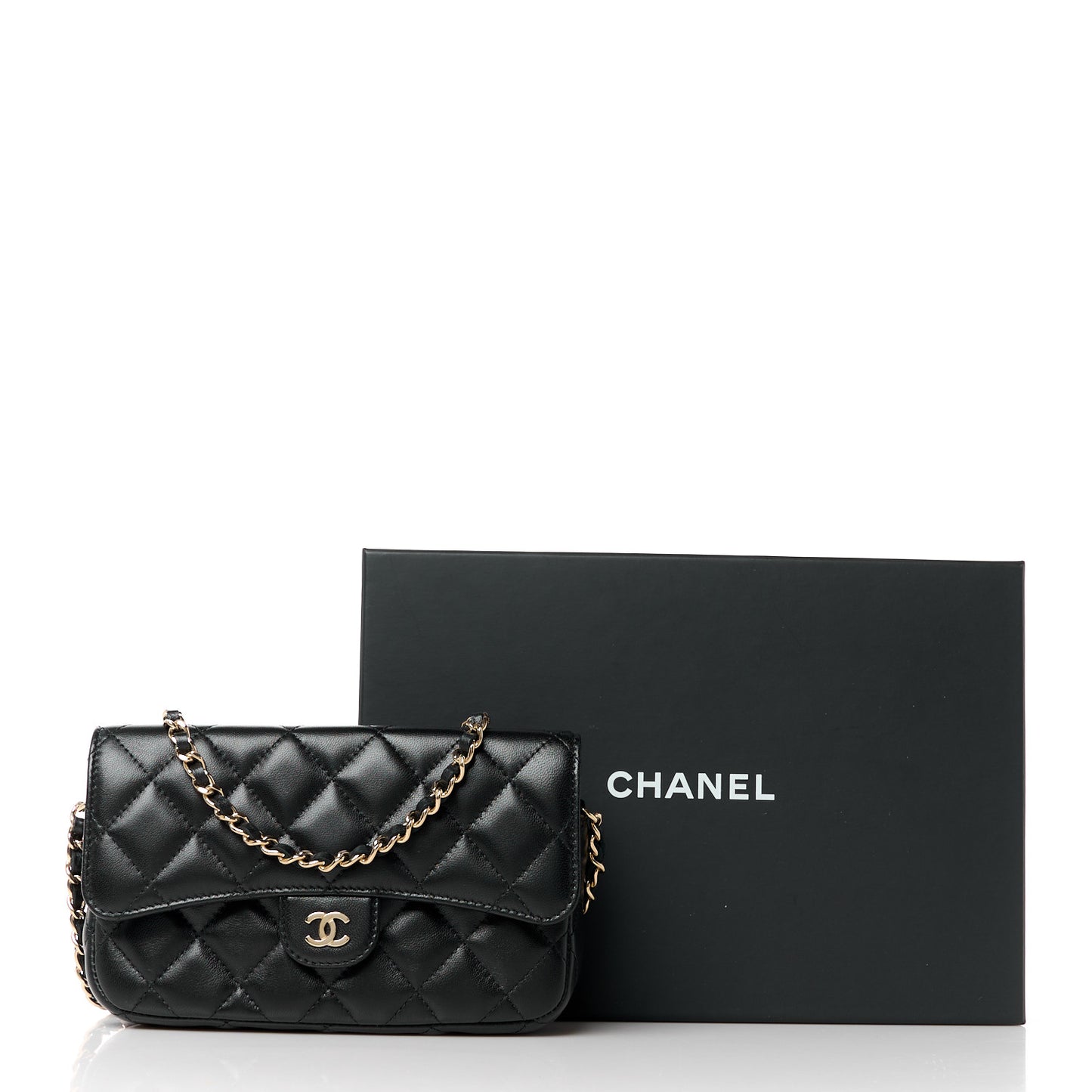 Lambskin Quilted Flap Phone Holder With Chain Black