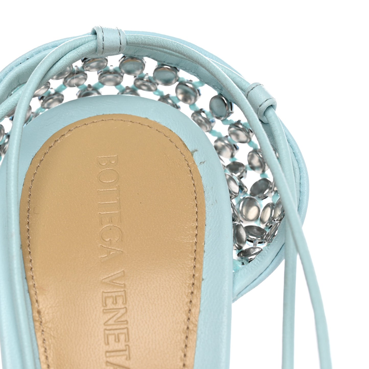 Mesh Nappa Crystal Embellished Sparkle Stretch Ankle Tie Sandals 38 Pale Blue