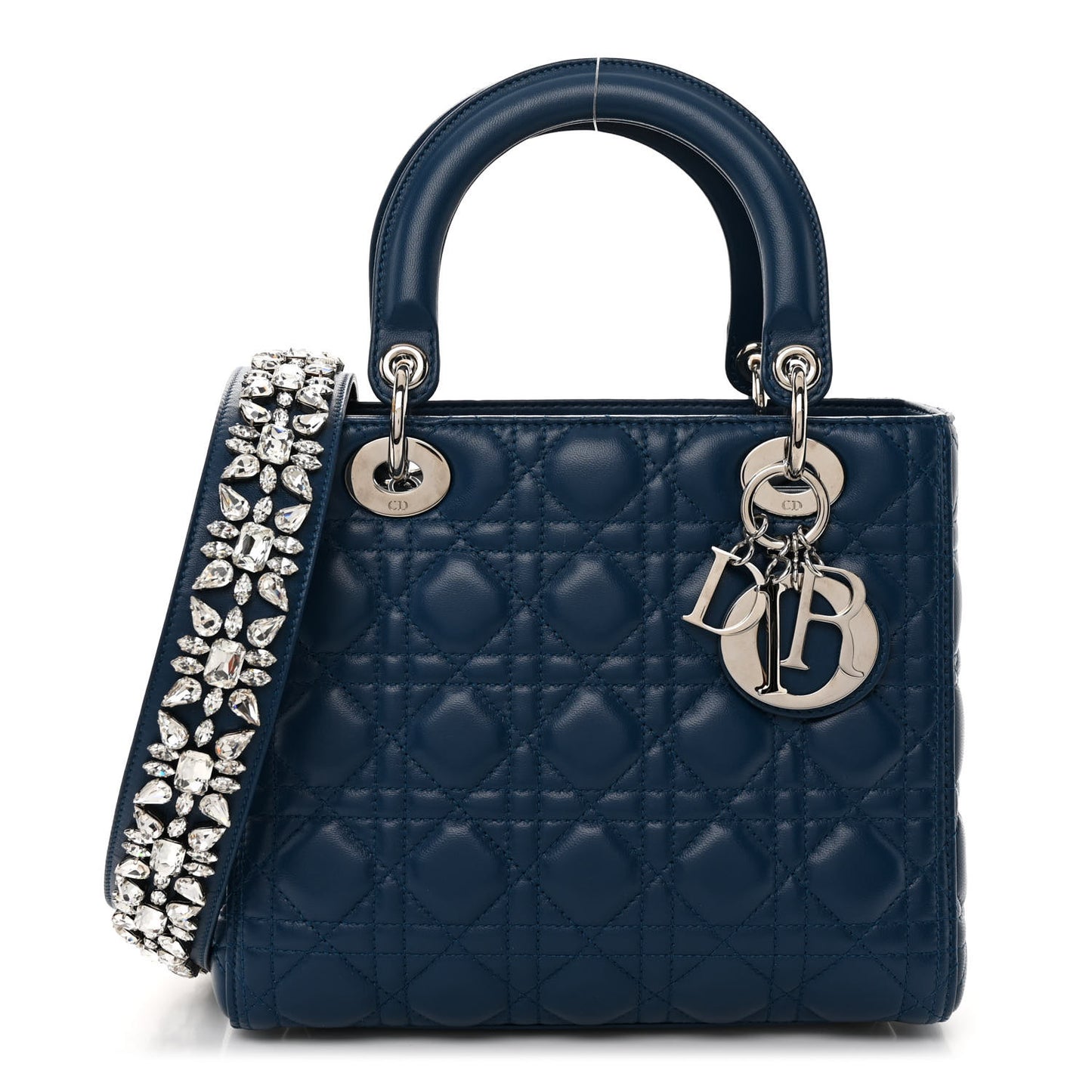 Lambskin Cannage Medium Lady Dior Crystal Strap Navy