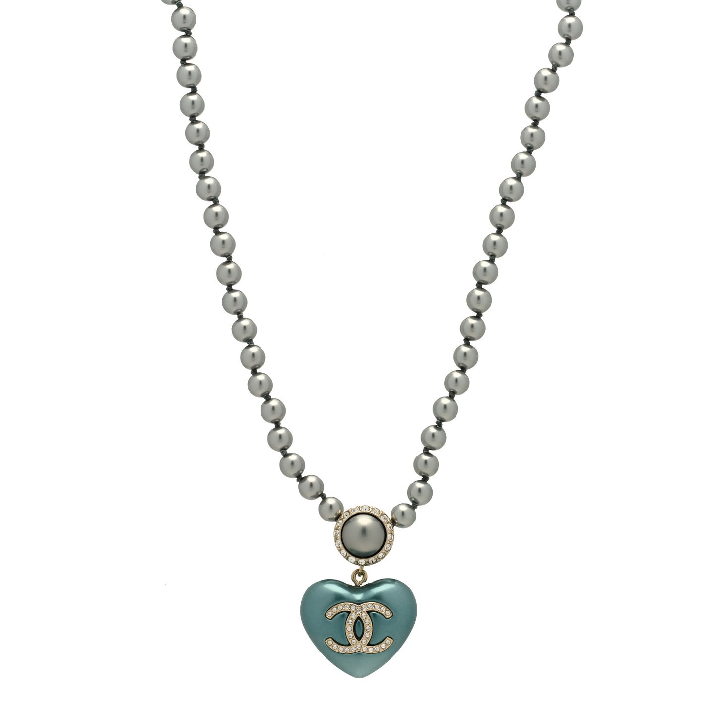 Pearl Crystal CC Heart Short Necklace Silver Blue