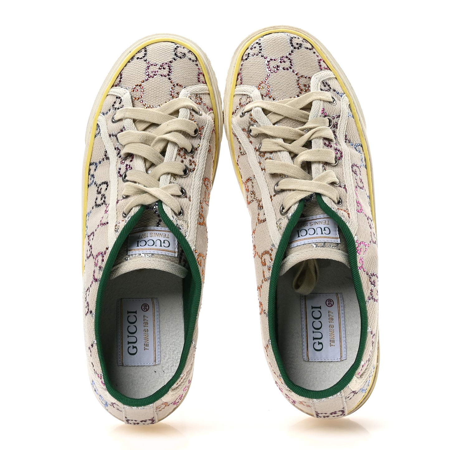 Canvas Lame Crystal GG Monogram Womens 1977 Tennis Sneakers 39 Gardenia Silver Mystic White
