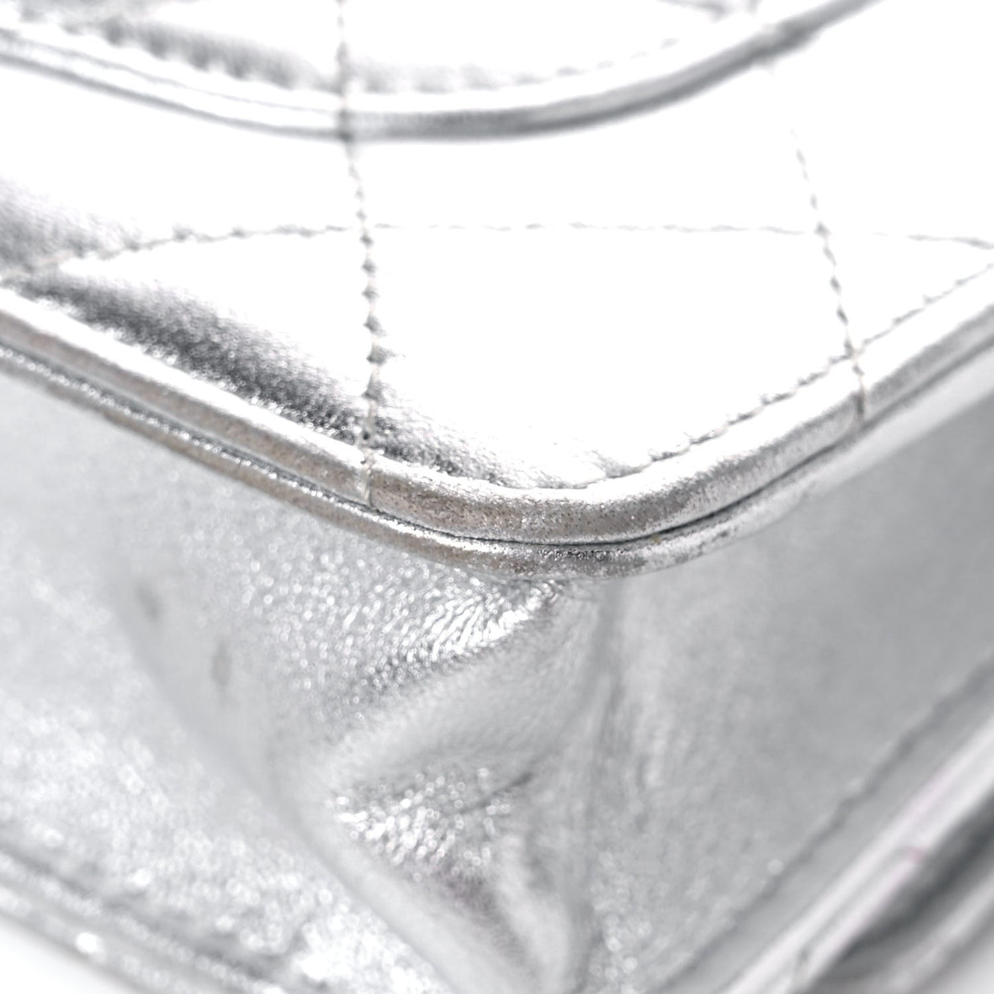 Metallic Lambskin Quilted Wallet On Chain WOC Silver