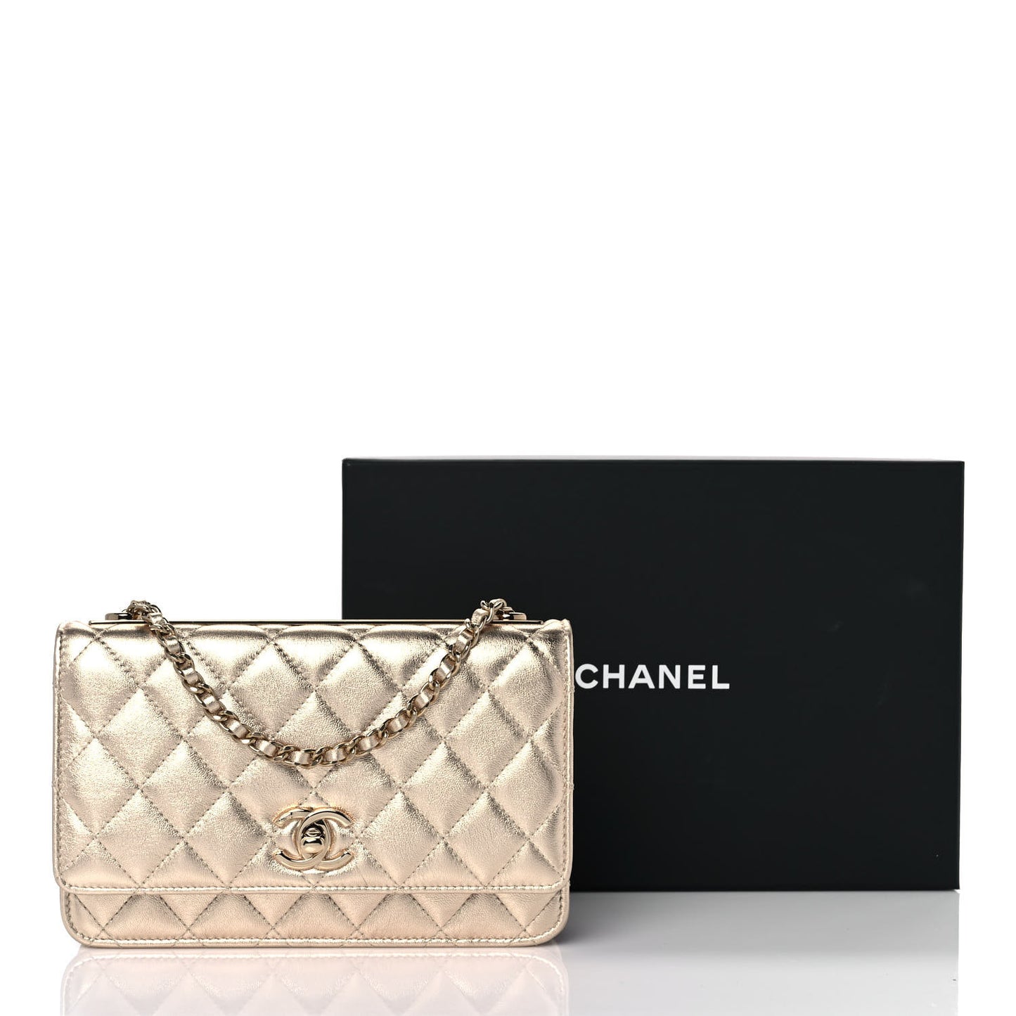 Metallic Lambskin Quilted Trendy CC Wallet On Chain WOC Gold
