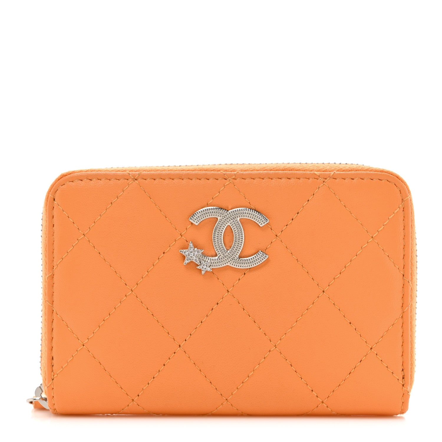 Chanel Lambskin Crystal Star Quilted Studded CC Zip Around Card Holder Wallet Orange 1 of 7