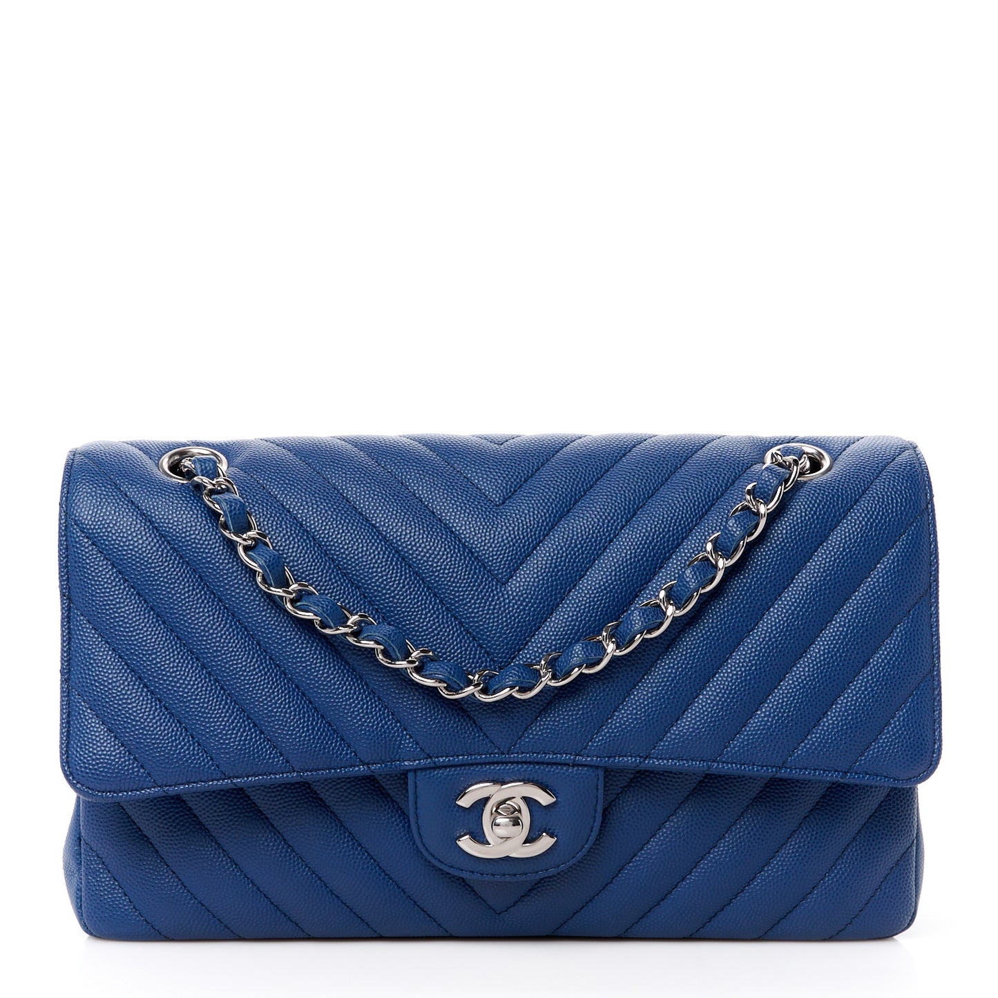 Caviar Chevron Quilted Small Double Flap Blue