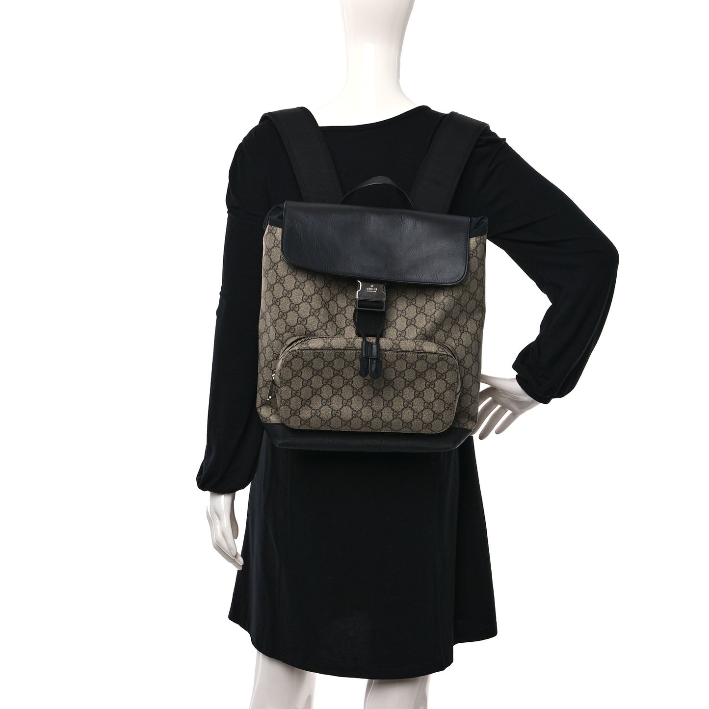 GG Supreme Monogram Single Buckle Backpack Beige Black