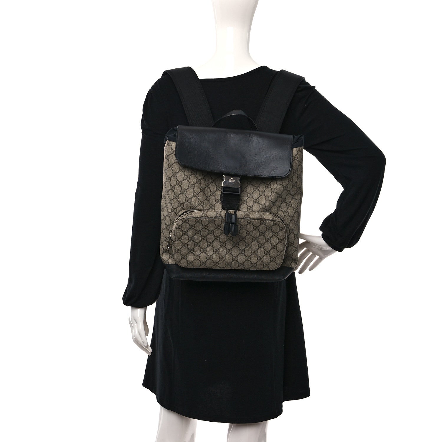 Gucci GG Supreme Monogram Single Buckle Backpack Beige Black 2 of 11