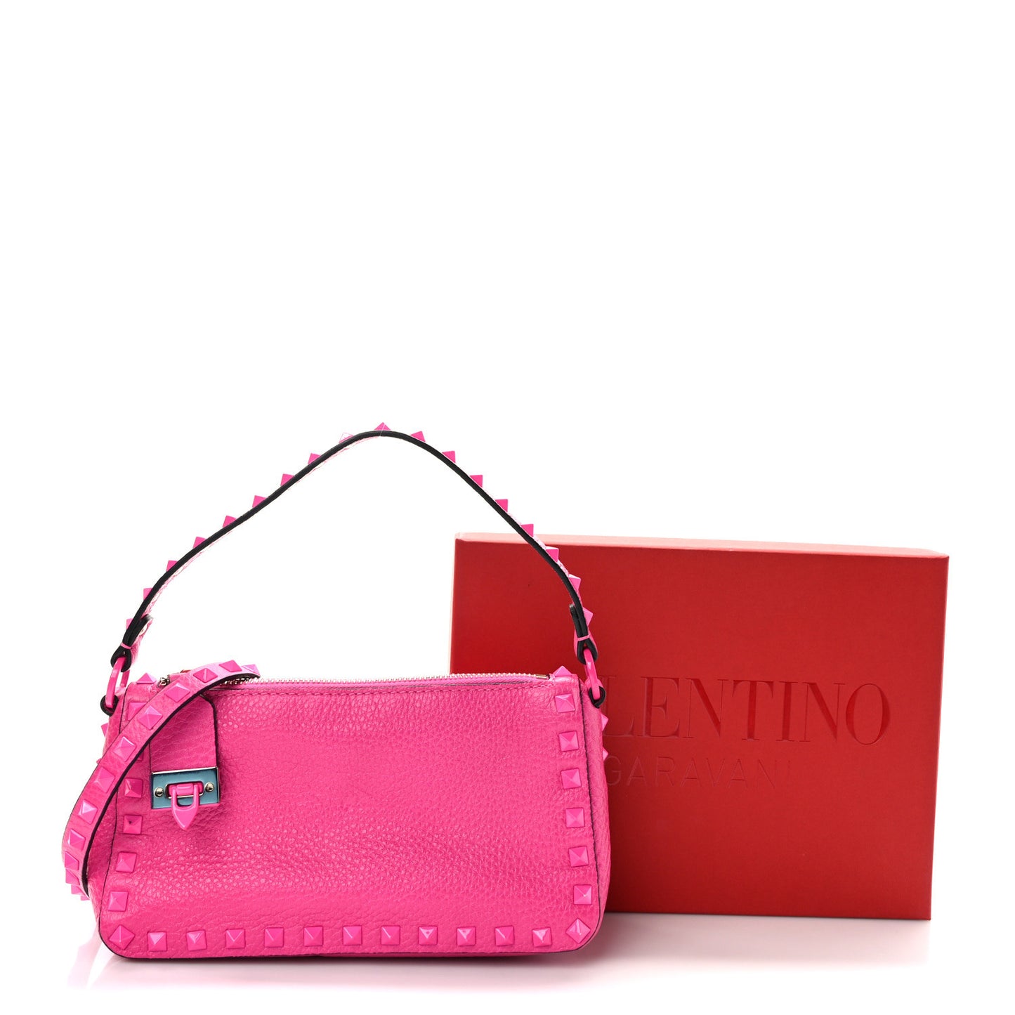 Pebbled Calfskin Enamel Monochrome Small Rockstud Flip Lock Shoulder Bag Pink PP