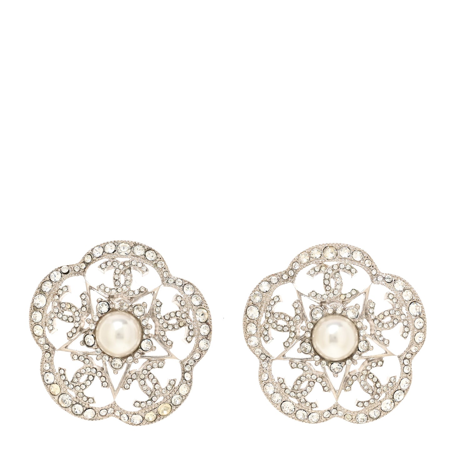 Crystal Pearl Large Camellia CC Earrings Silver