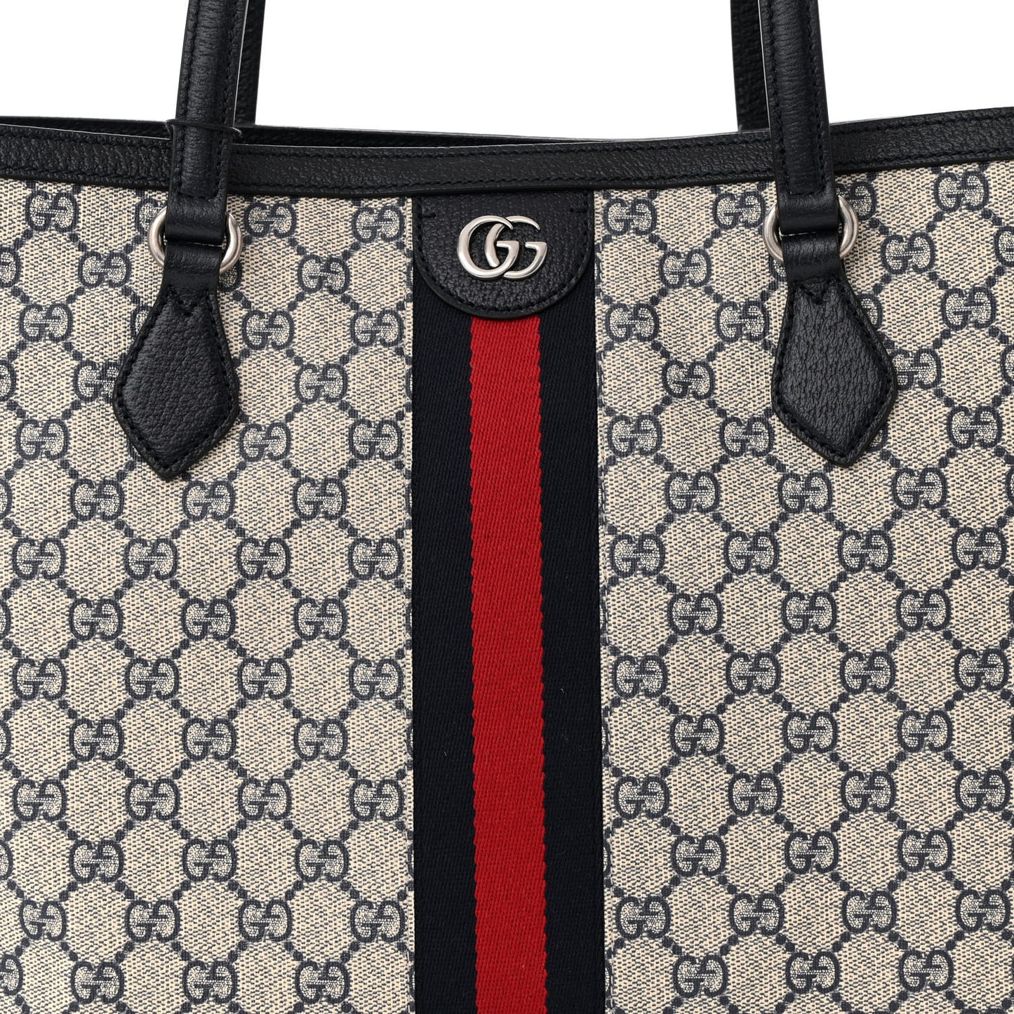 GG Supreme Monogram Textured Calfskin Web Medium Ophidia Shopping Tote Beige Blue