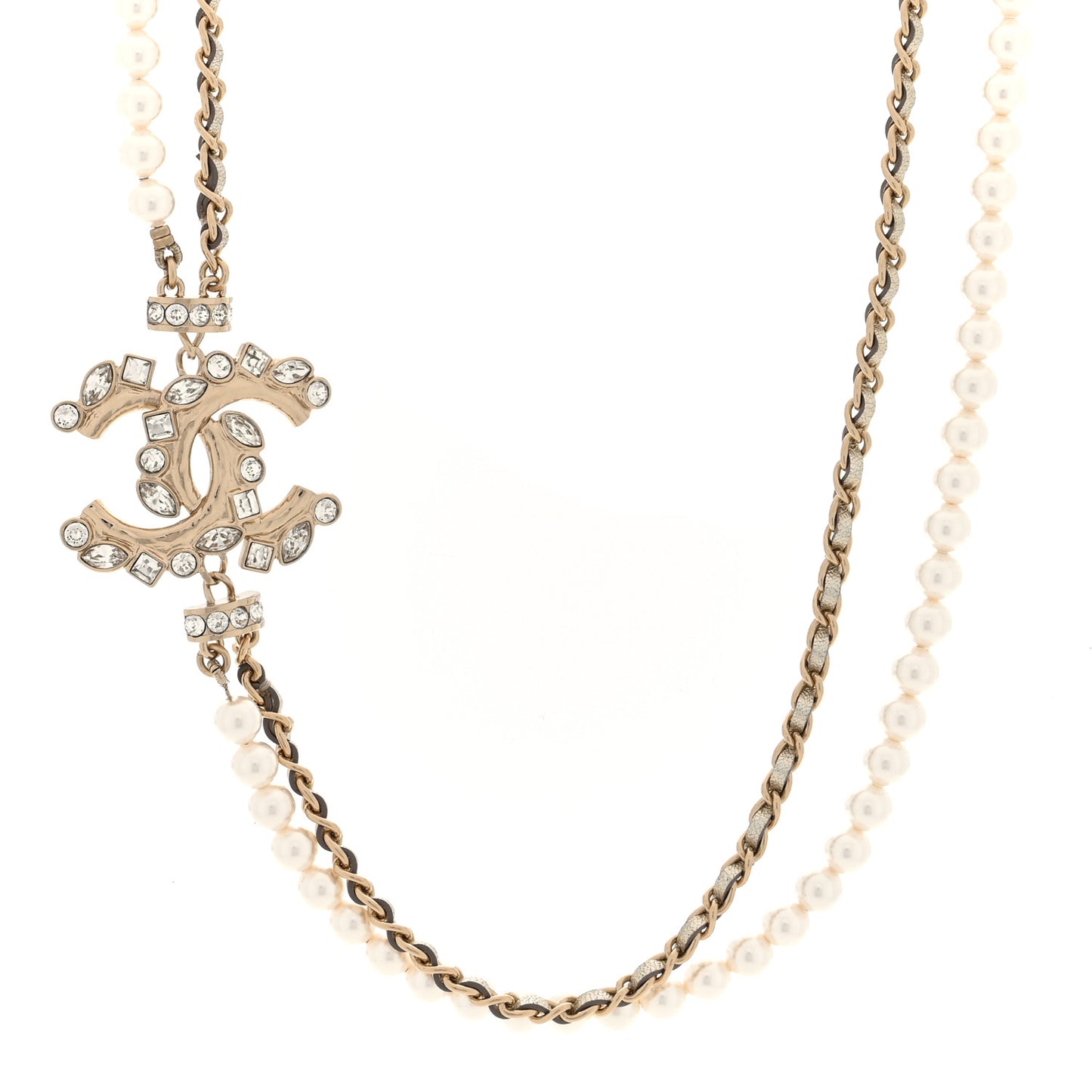 Pearl Crystal Metallic Lambskin CC Choker Necklace Gold