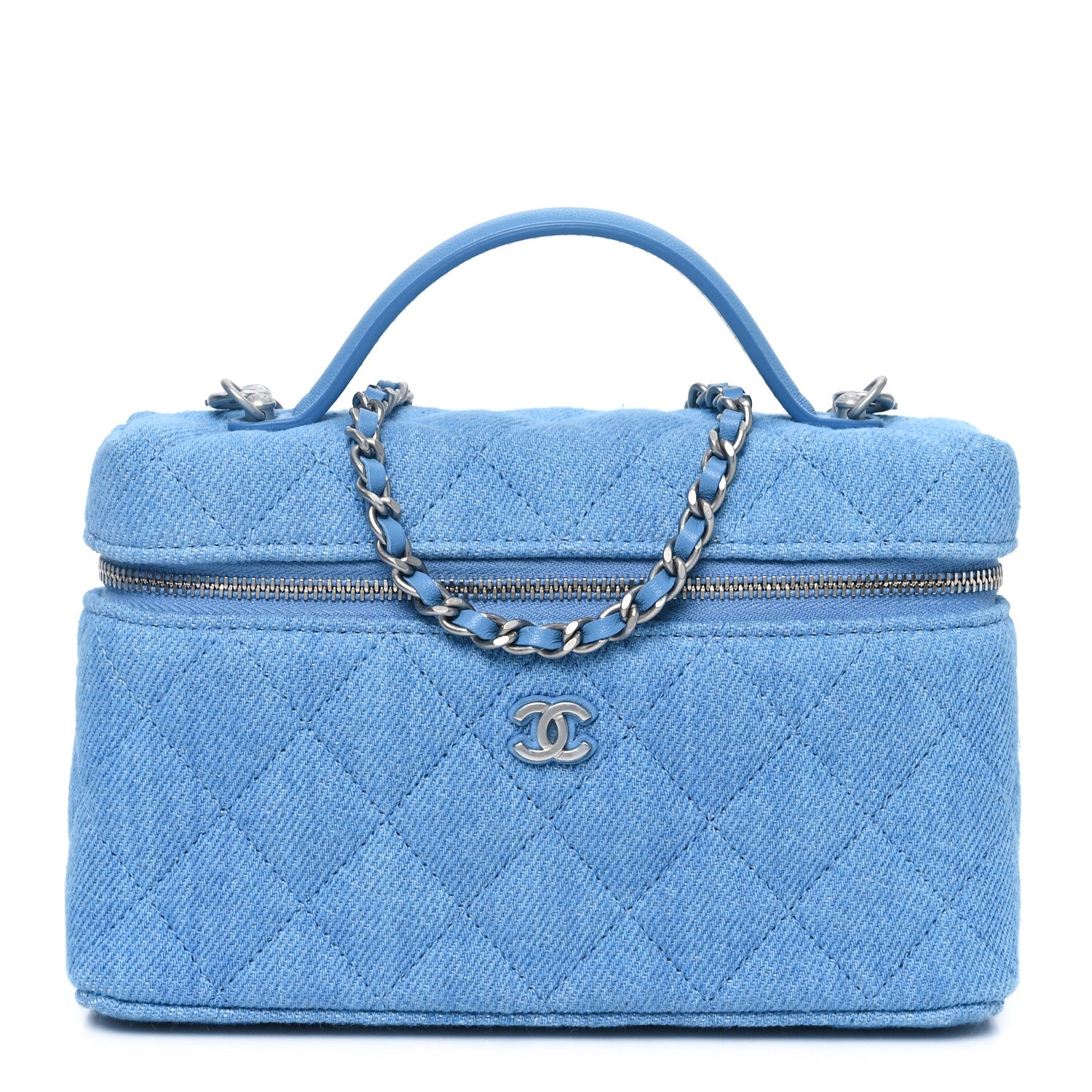 Chanel Denim Quilted Top Handle Slim Vanity Case With Chain Blue
