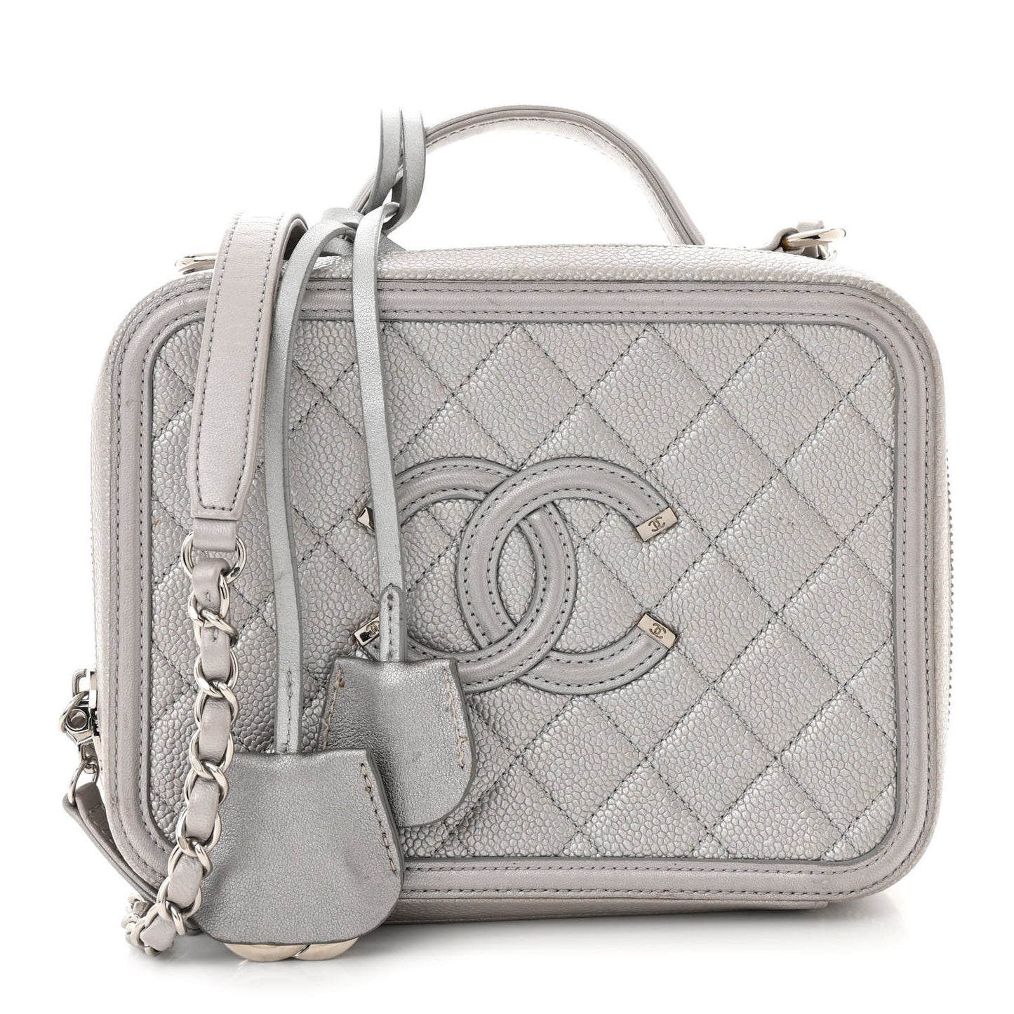 Metallic Caviar Quilted Medium CC Filigree Vanity Case Silver