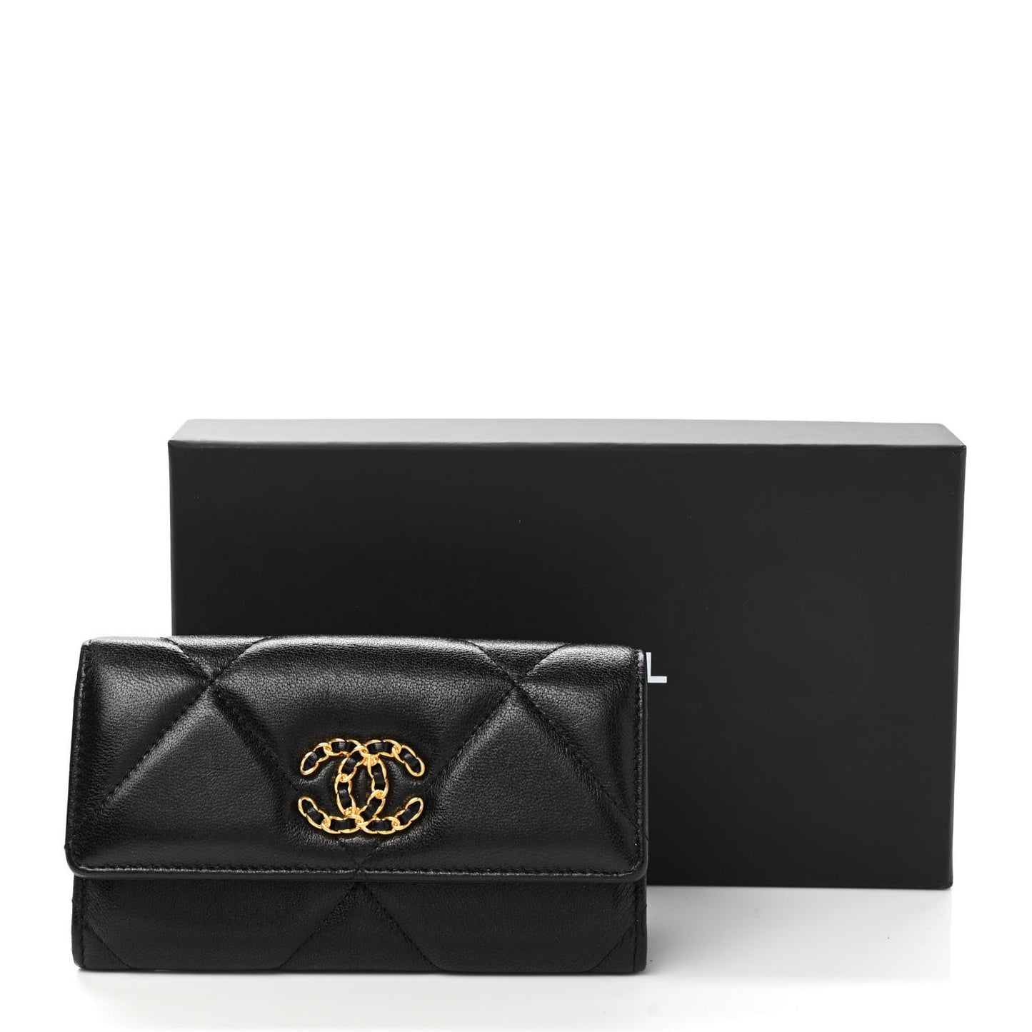 Shiny Goatskin Quilted Chanel 19 Flap Wallet Black