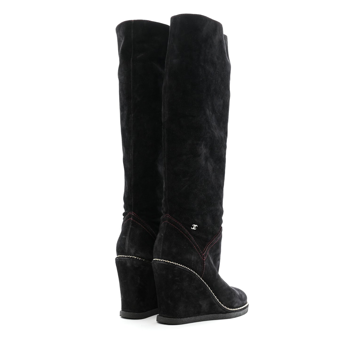 Suede Calfskin Chain Around High Boots 41 Black