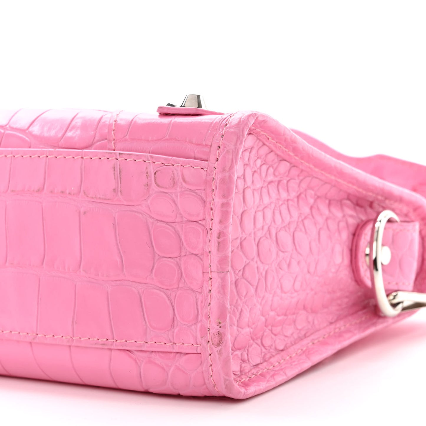 Shiny Supple Calfskin Crocodile Embossed Classic Silver Hardware Mini City Baby Pink