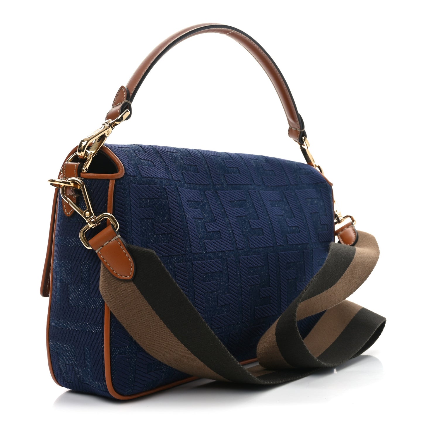 Denim Vitello King FF Embroidered Large Baguette Blue Cuoio