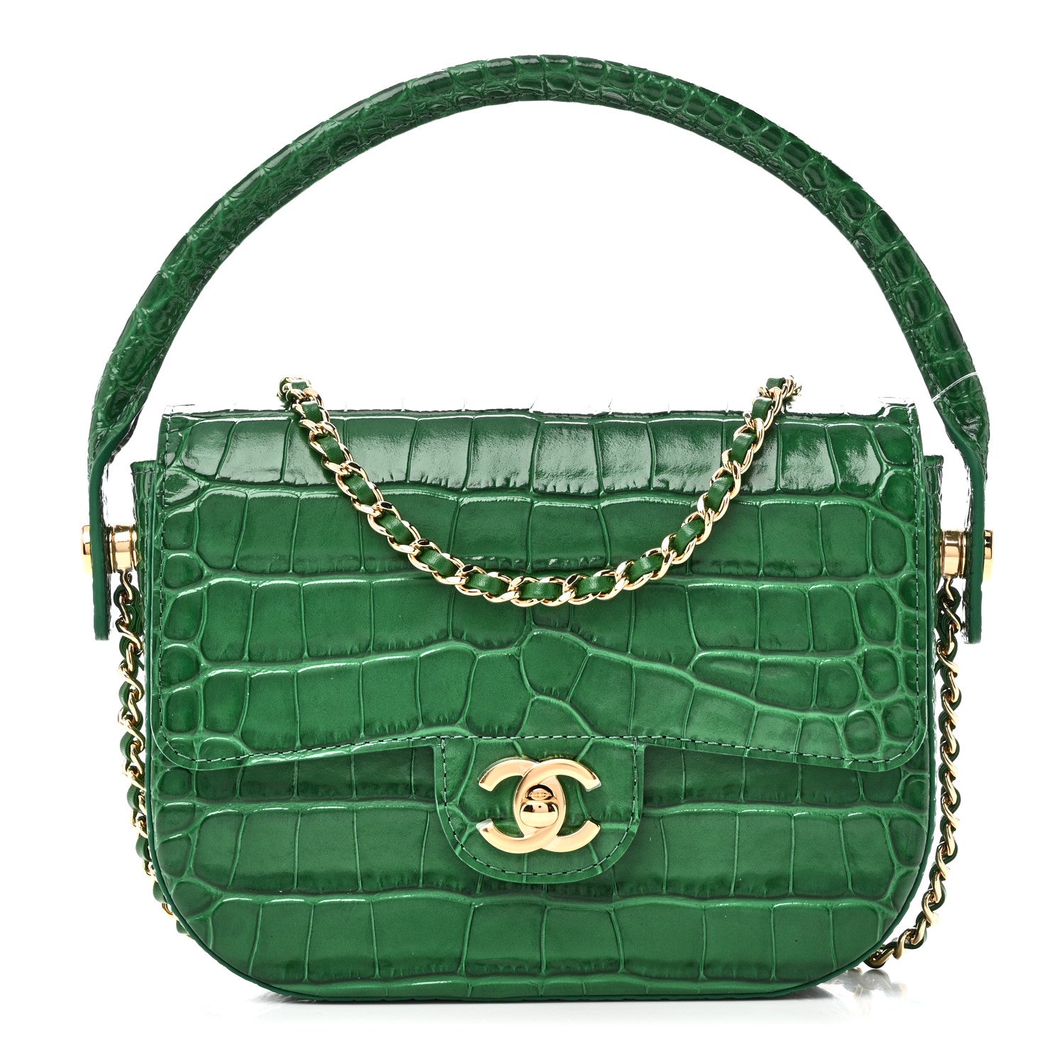 Chanel Calfskin Crocodile Embossed Turn Around Mini Flap Emerald