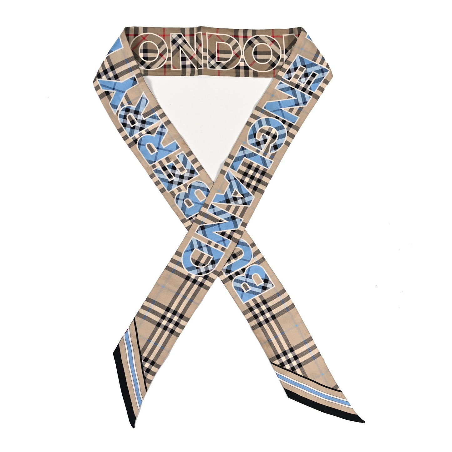 Silk Vintage Check Logo Print Skinny Scarf Beige Blue