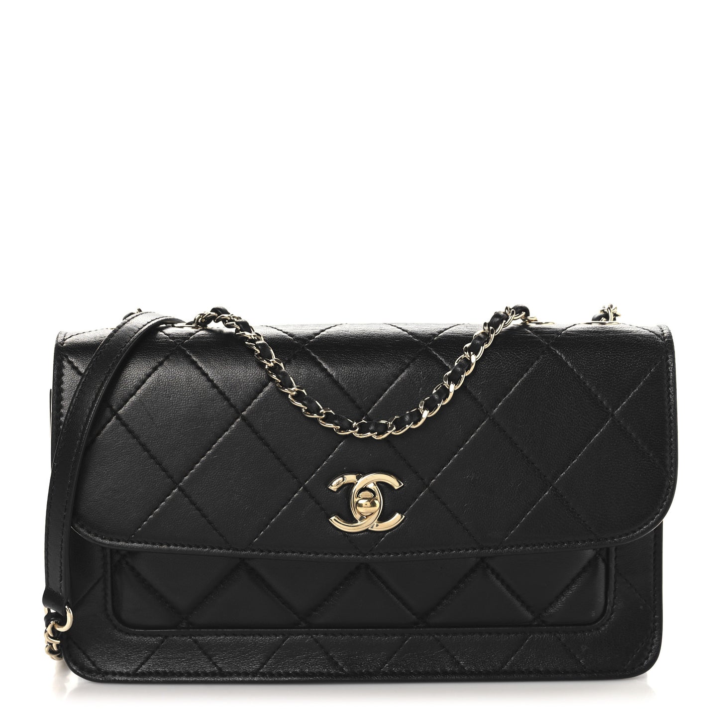 Lambskin Stitched Quilted Flap Black