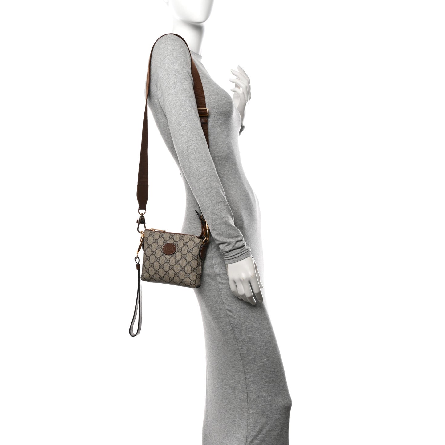GG Supreme Monogram Azalea Calfskin Small Retro Interlocking G Wristlet Messenger Bag Beige Ebony Brown Sugar